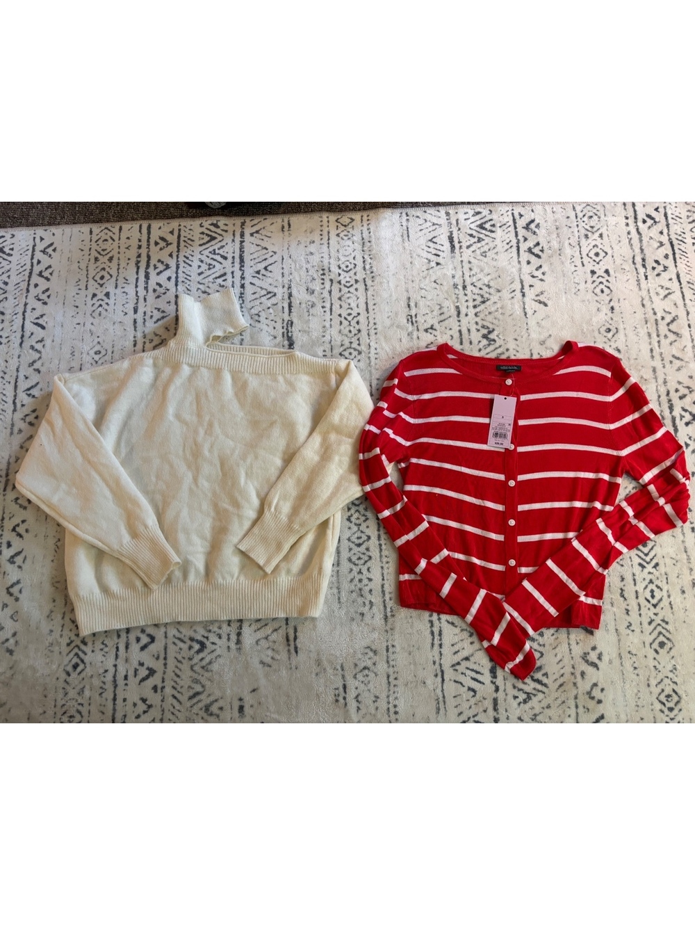 Wild Fable Women's Small Red and White Striped Button-Up Cardigan and Cream Turt